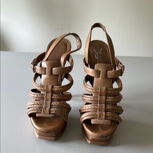 YSL Tan Tribute Platform Heel Sandals